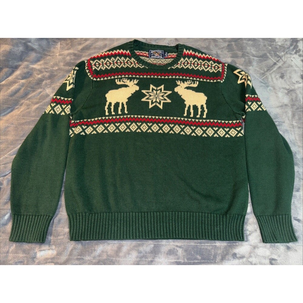 American Living Sweater Men's Xl Green Fair Isle Nordic Moose Lodge Ski Holiday